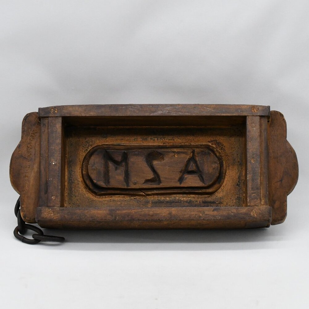 Antique Wooden Brick Mold With Metal Trim And 5 Link Chain